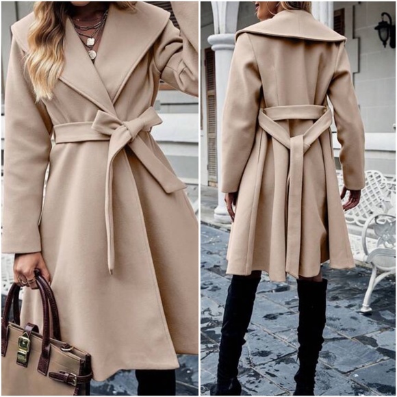 Classic Wide Collar Belted Double Breasted Jacket Coat - Picture 6 of 8